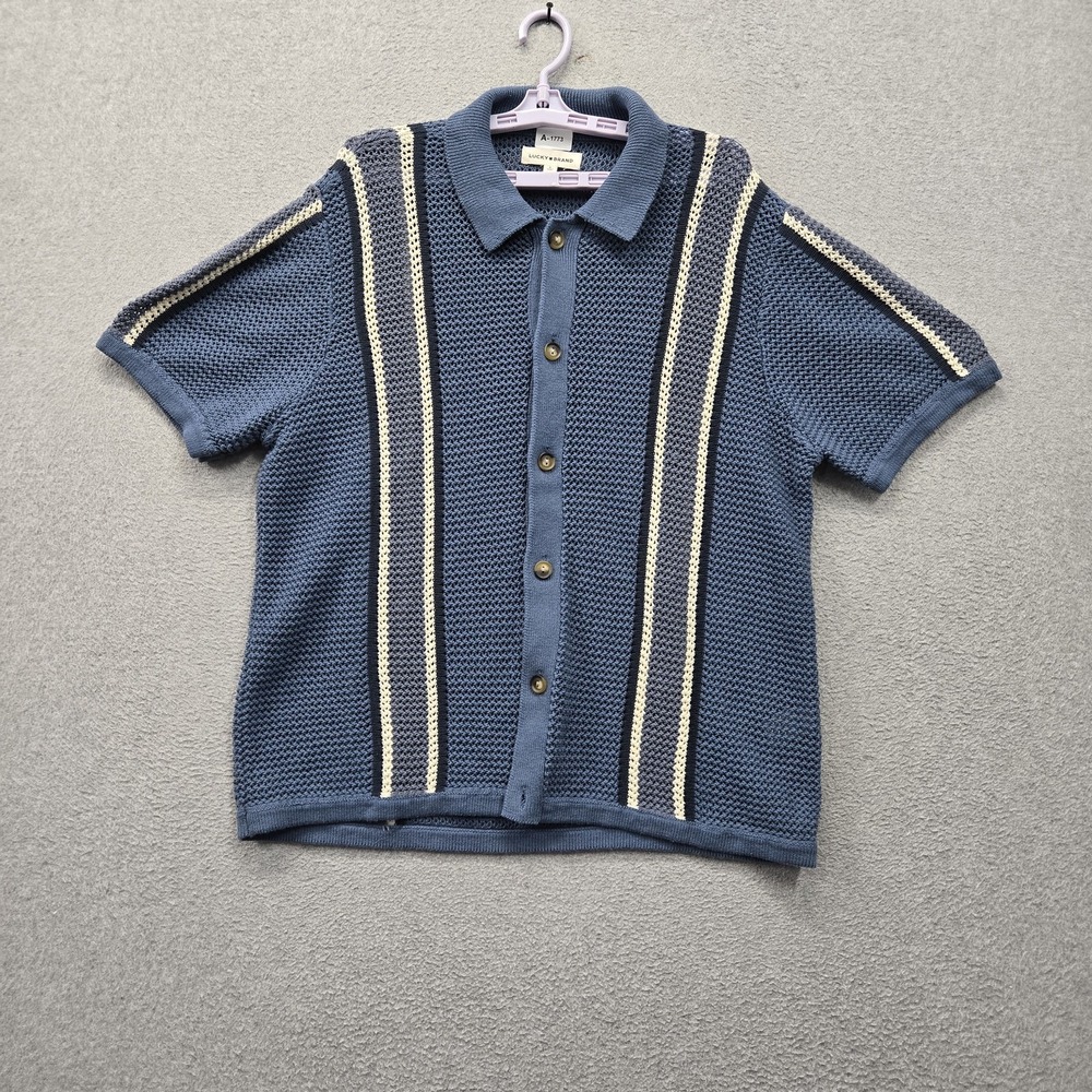 Lucky Brand Men Sweater L Blue Striped Button Up Shirt Short Sleeve